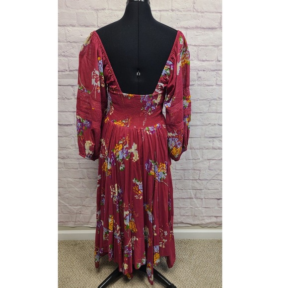 Free People Floral Smocked Midi Dress Burgundy Red XL/XS New With Flaws - Picture 4 of 15